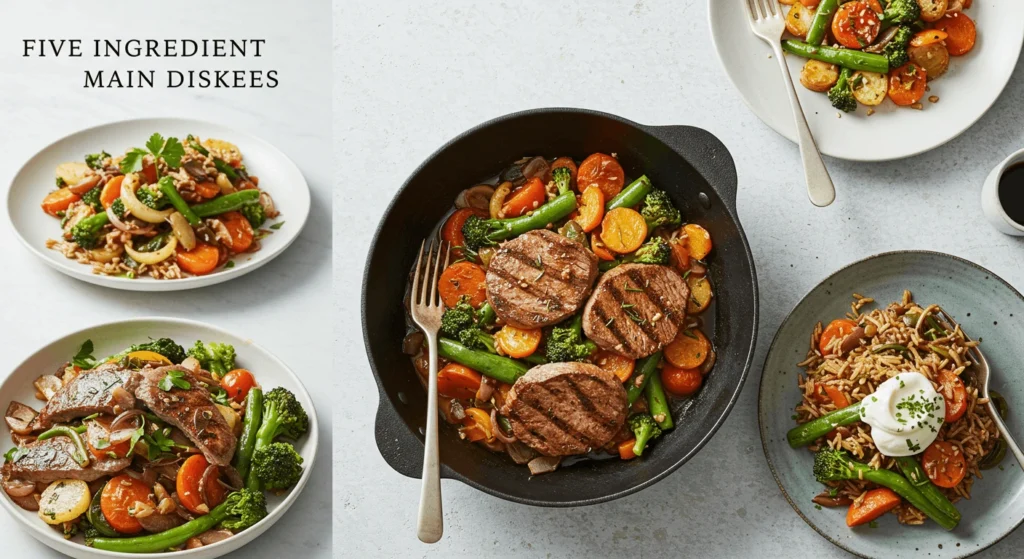 Simple Recipes a variety of simple 5-ingredient main dishes, including a pasta dish, grilled chicken, and a savory stir-fry, all served on a table