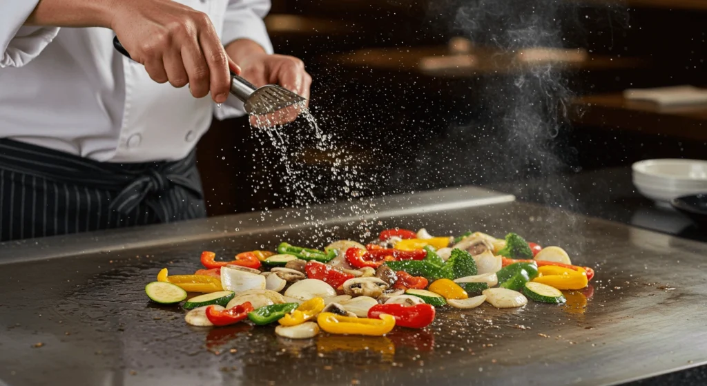 A colorful mix of hibachi vegetables, including zucchini, mushrooms, onions, and carrots, sautéed to perfection on a flat-top grill