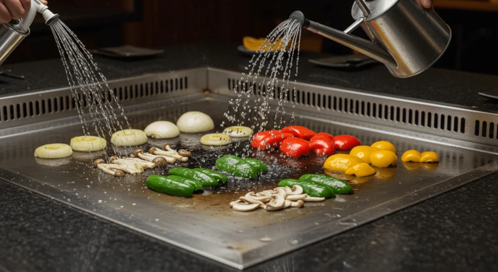 hibachi vegetables recipe An assortment of grilled hibachi vegetables including zucchini, mushrooms, and bell peppers, tossed in a savory sauce on a sizzling hot grill