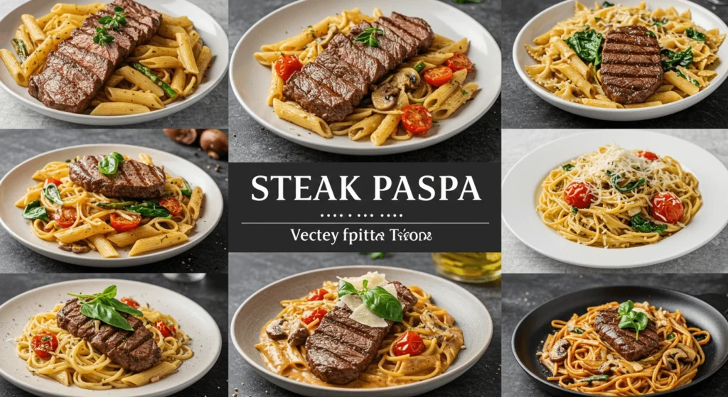 steak pasta recipes hearty a plate of steak pasta, featuring tender slices of steak over creamy fettuccine, garnished with fresh parsley and parmesan cheese."
