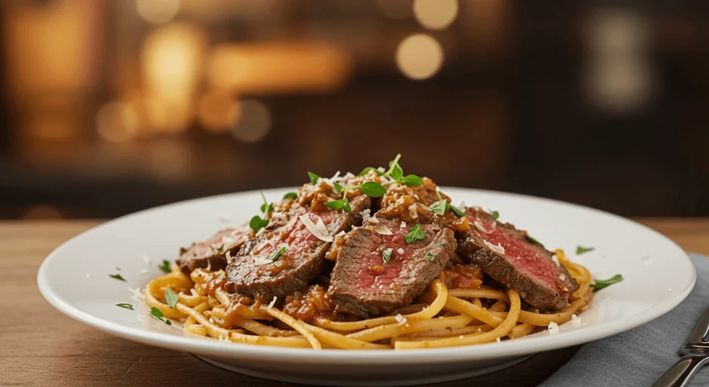 steak pasta recipes, Delicious steak pasta dish with seared steak strips, penne pasta, and a rich tomato-based sauce, served in a rustic bowl