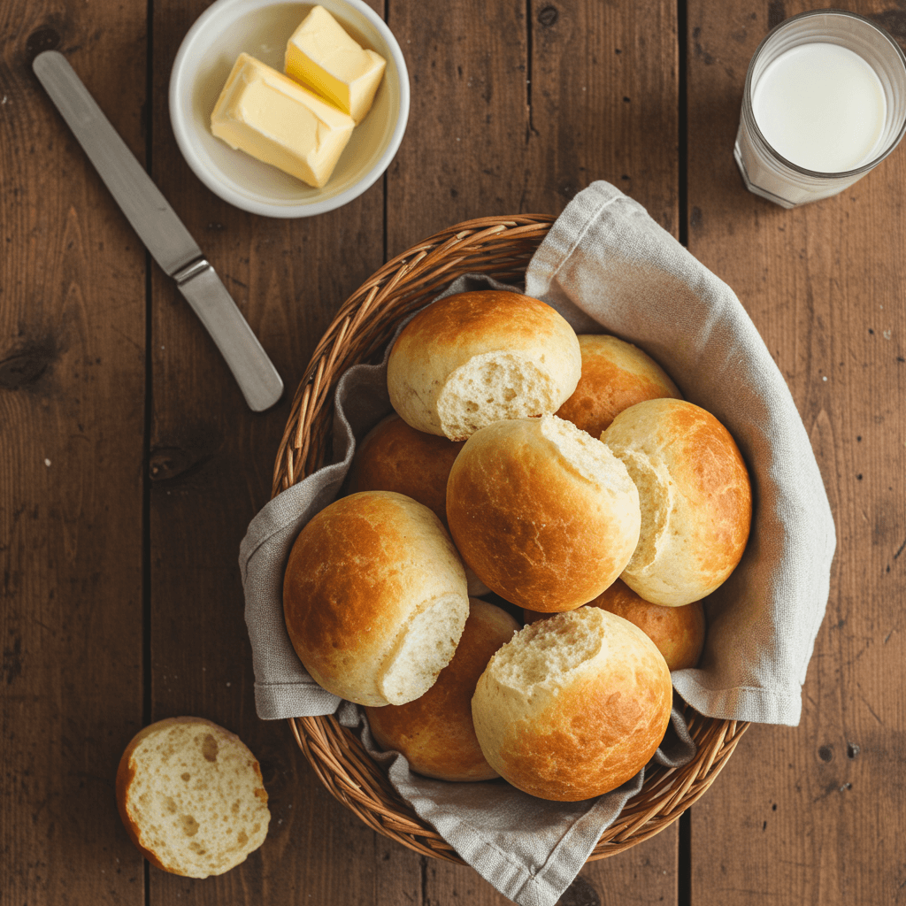 A basket of freshly baked golden-brown dinner rolls, soft and fluffy, with a light brush of melted butter on top.